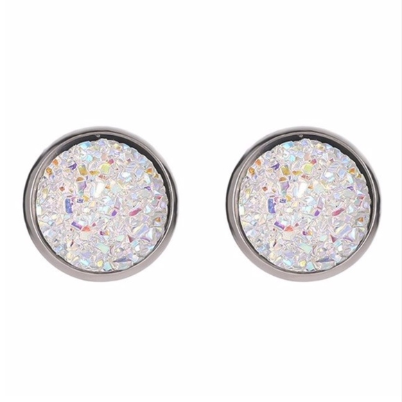 Druzy Opal White Crystal Round Silver Studs - Picture 5 of 6